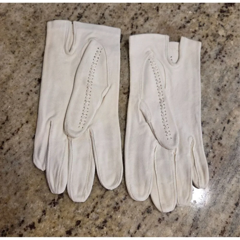Vintage Womens Size XS Off-White Suede Short Formal Gloves Cross Stitch Stripe